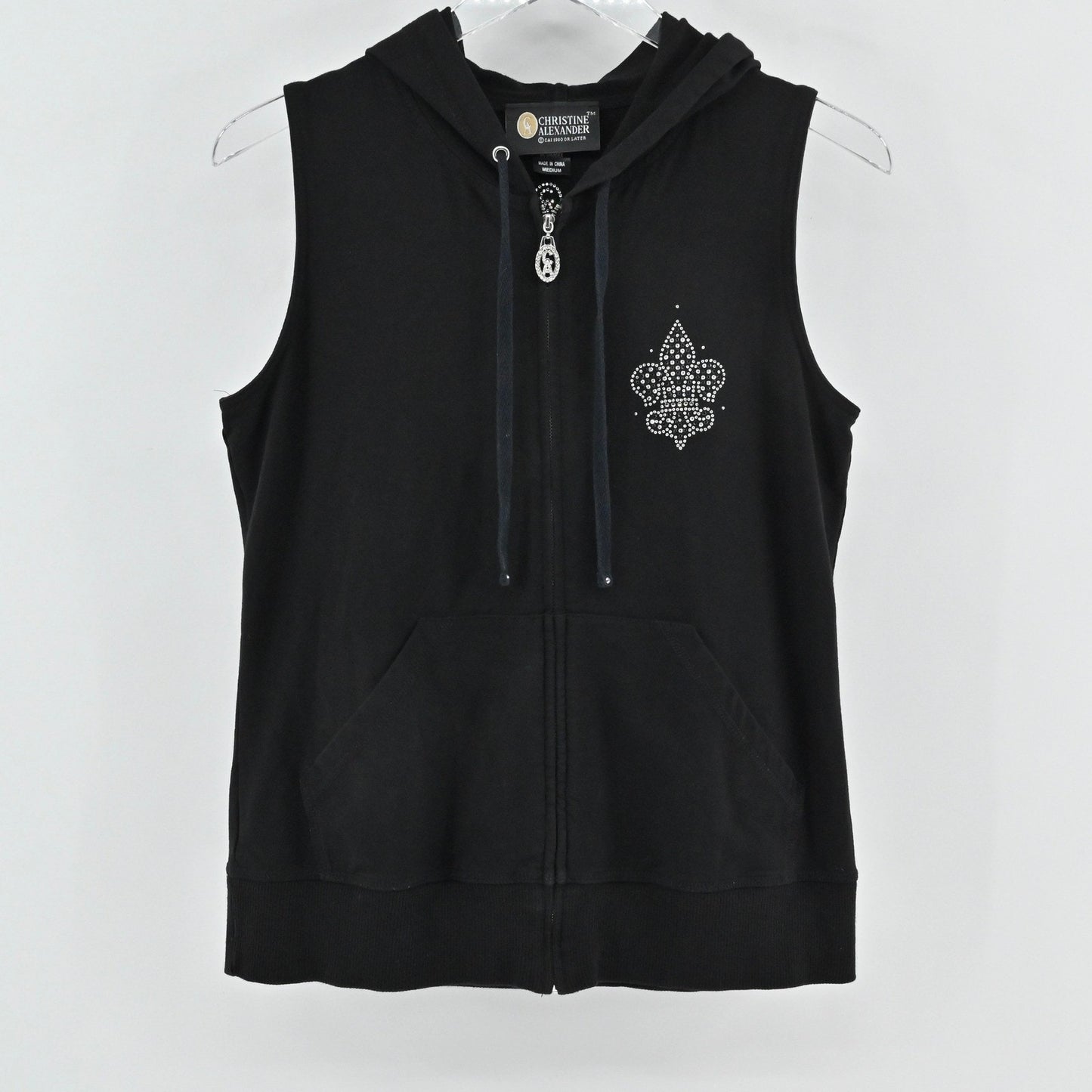 Vtg Christine Alexander Womens Rhinestone Hoodie Size M Fleur de Lis Sleeveless
