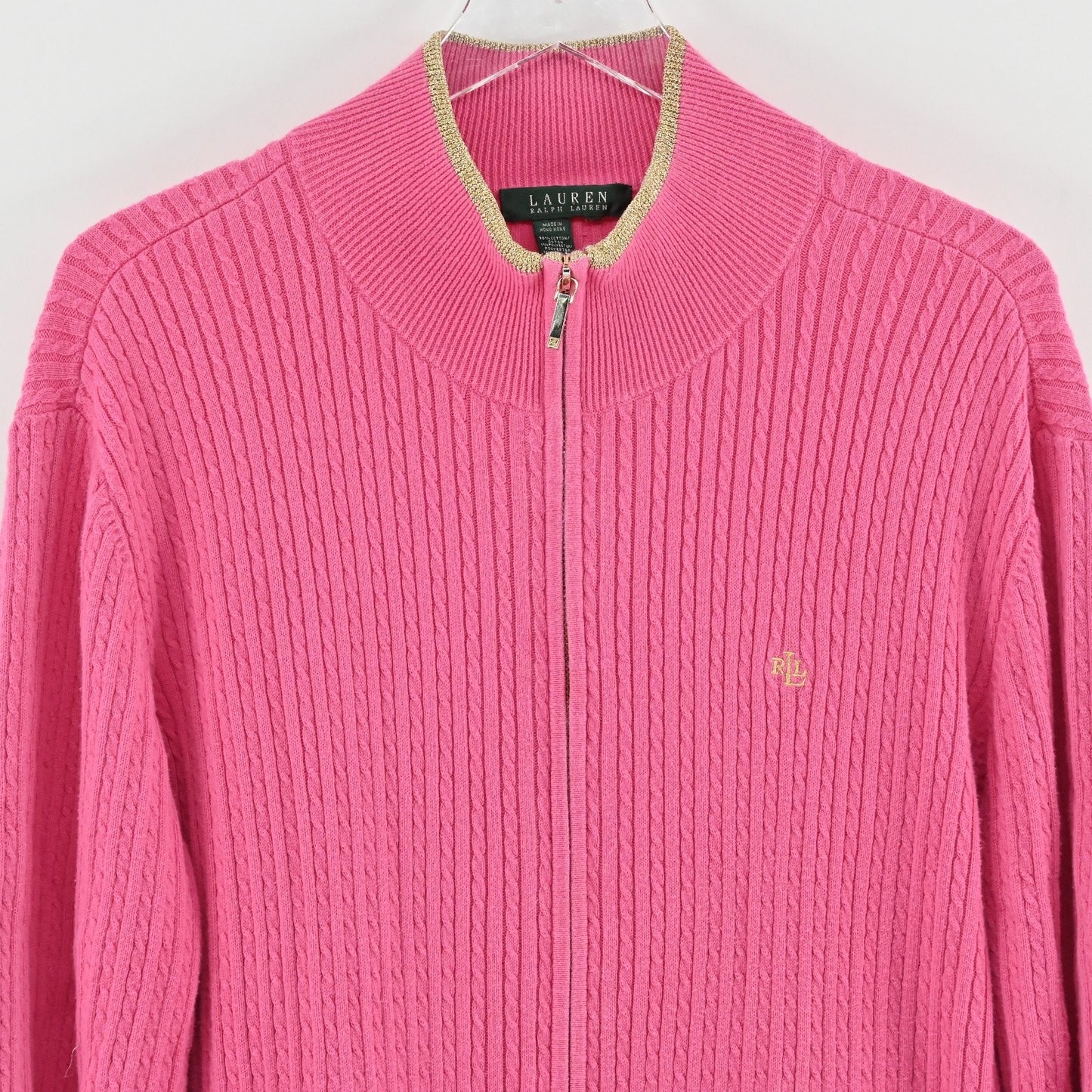 Ralph Lauren Womens Zip Cardigan Sweater Size L Pink Cable Knit Cotton Metallic