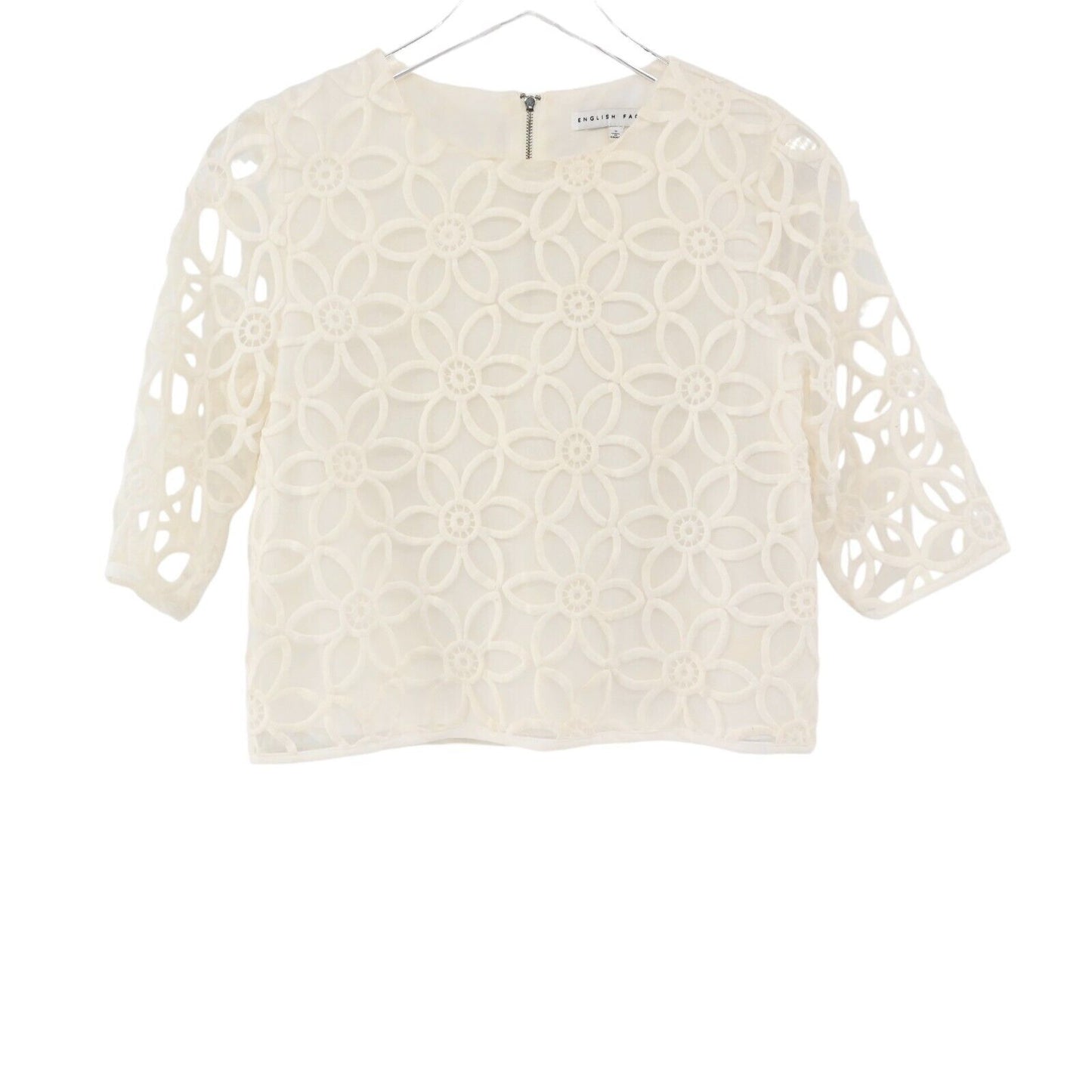 ENGLISH FACTORY Top Womens Size S Sheer Sleeve Flower Print Cropped Blouse White