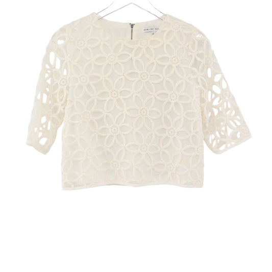 ENGLISH FACTORY Top Womens Size S Sheer Sleeve Flower Print Cropped Blouse White