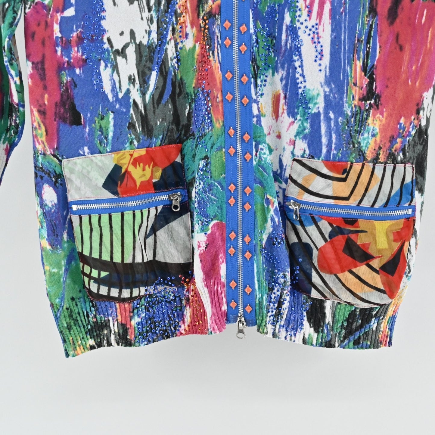 Alberto Makali Womens Beaded Zip Jacket Size L Cardigan Art to Wear Colorful