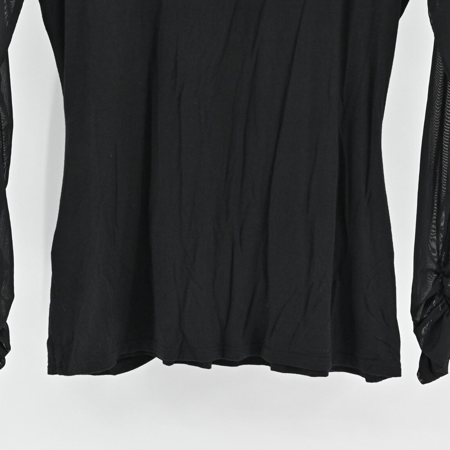 BOSTON PROPER Top Womens Size M Ruched Black Sheer Sleeve Mock Neck Stretch