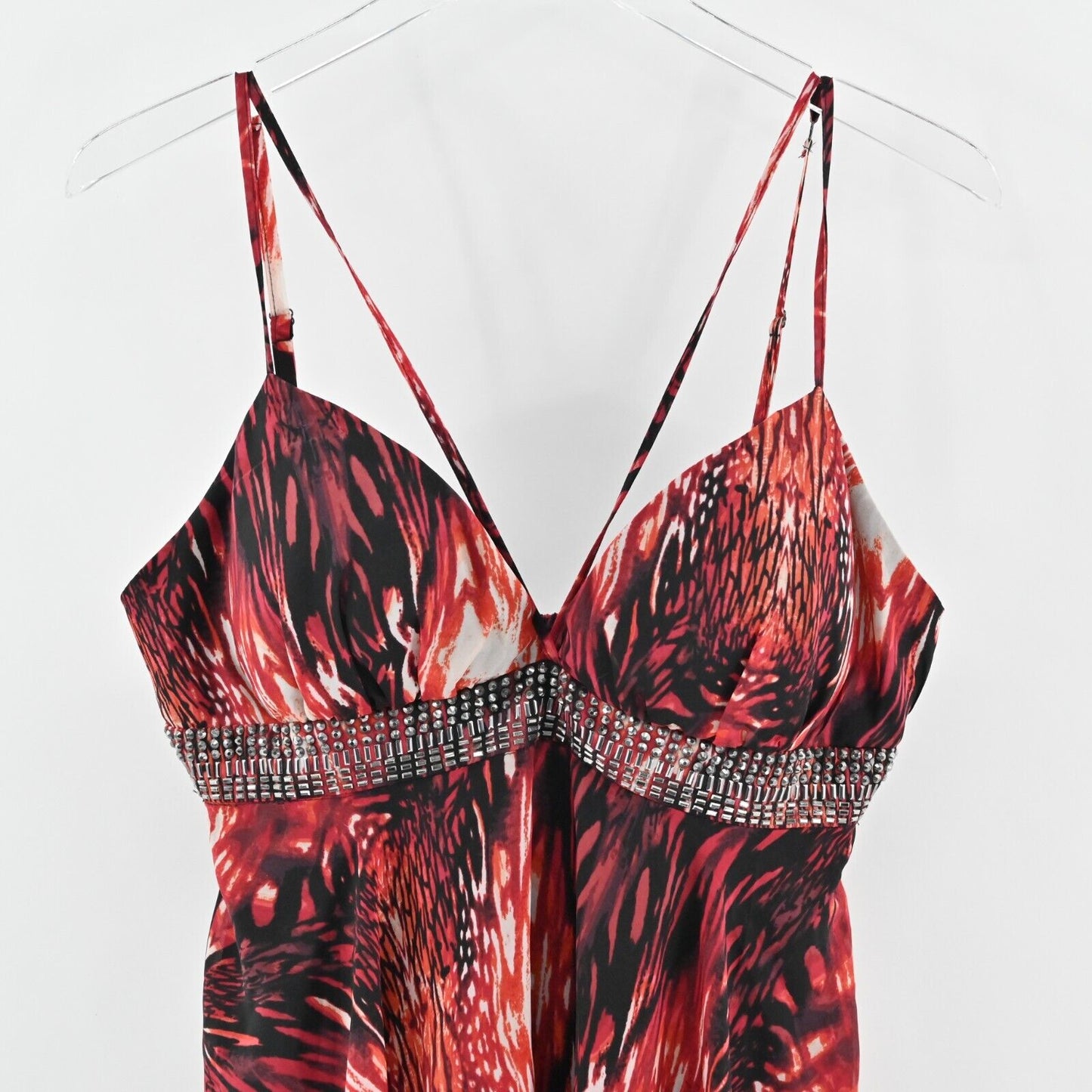 BEBE Top Womens Sz L Red Criss Cross Tunic Sleeveless Rhinestone Asymmetric NEW
