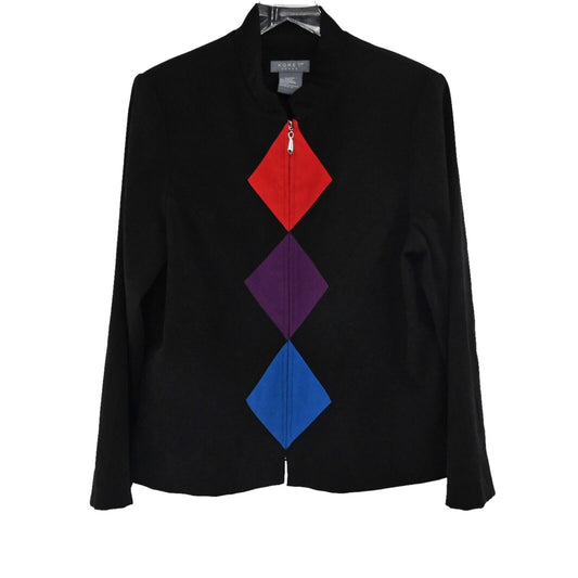 Vtg KORET Jacket Womens Size 14 Black Argyle Full Zip Stand Up Collar Retro Y2K