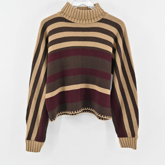 525 AMERICA Womens Striped Sweater Size L Brown Tan Turtleneck Knit Whipstitch