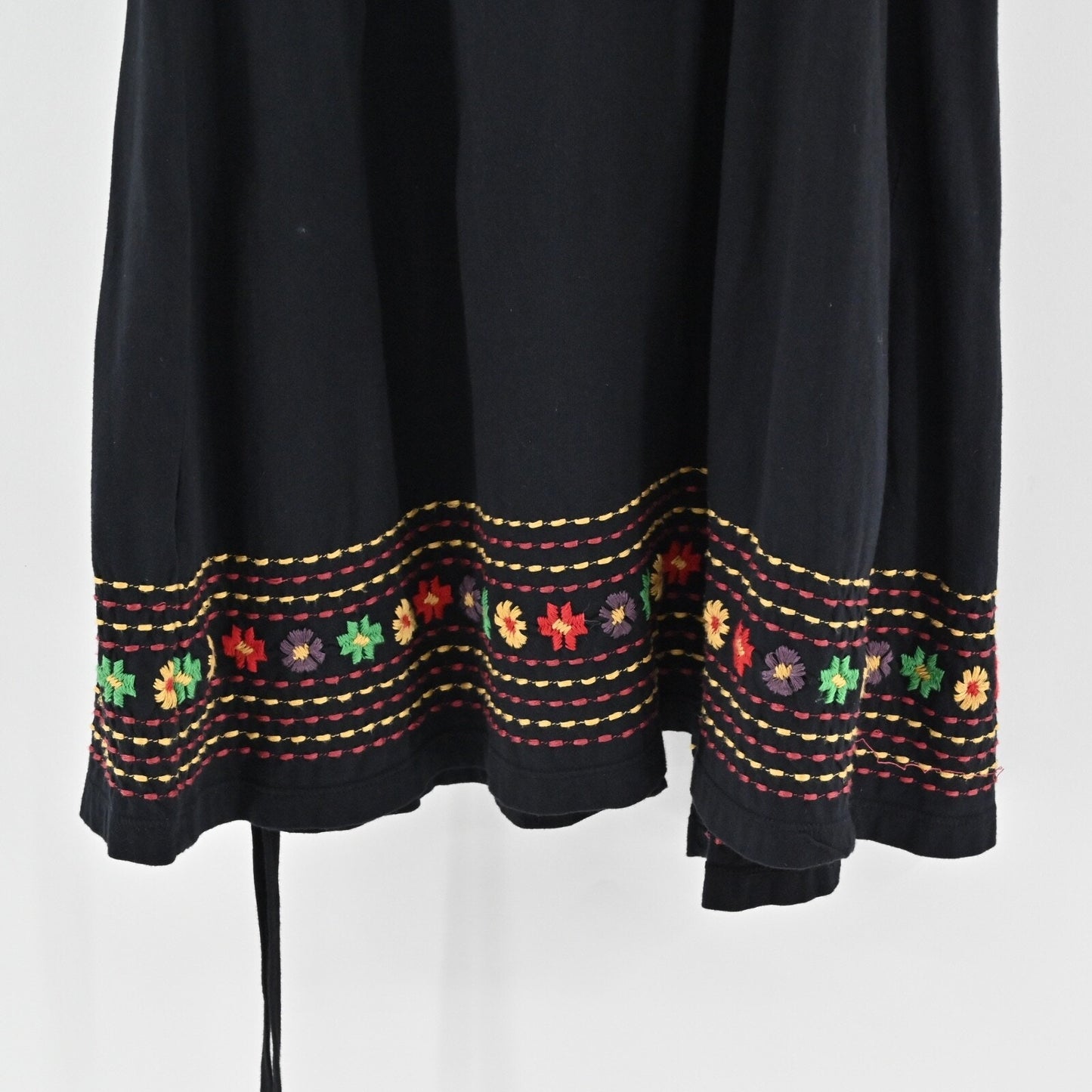 JOHNNY WAS Embroidered Wrap Dress Size S Black Floral Cotton V Neck 3/4 Sleeve