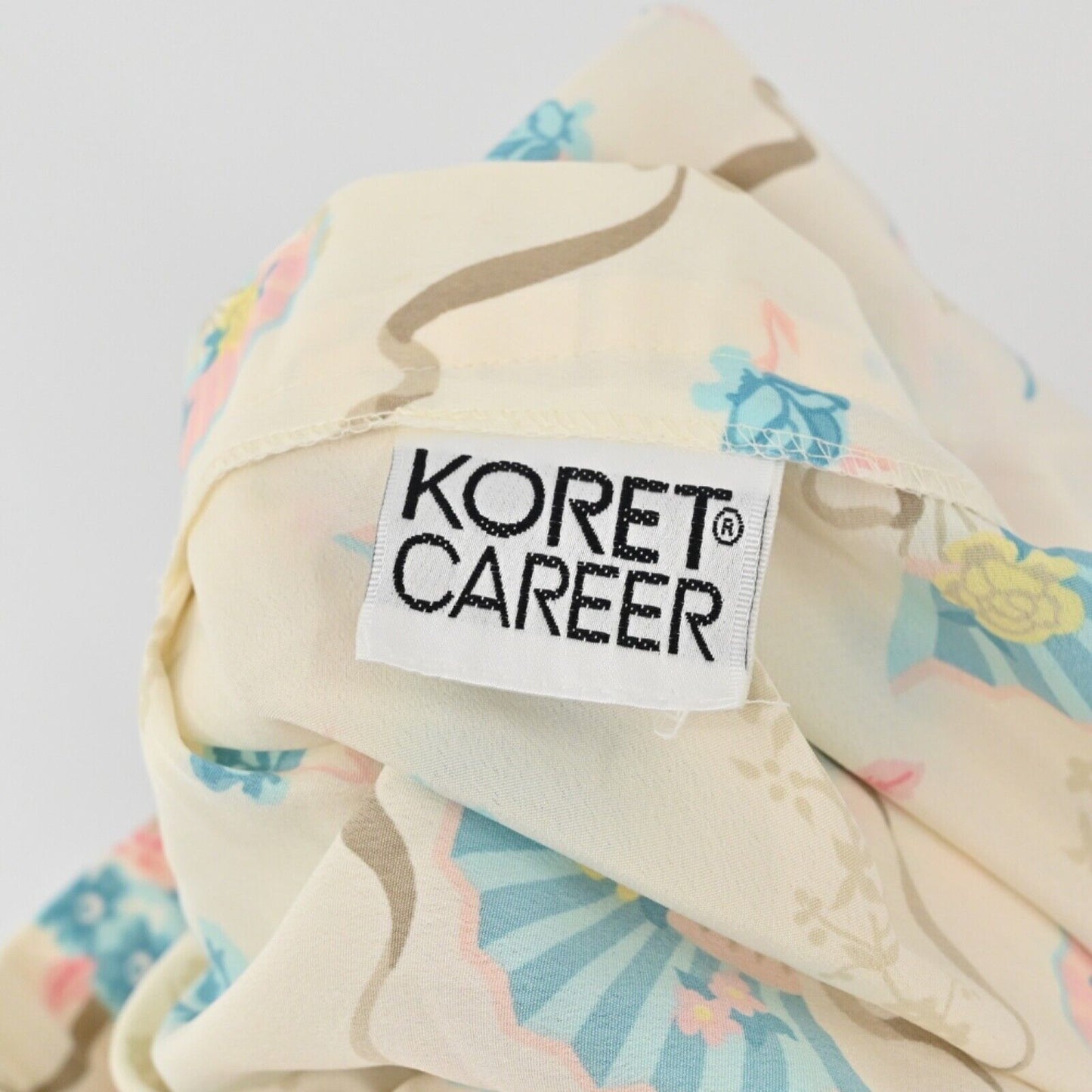 Vtg KORET CAREER Skirt Womens Sz S Ivory Floral Fans Bows Pleated Midi Retro 80s