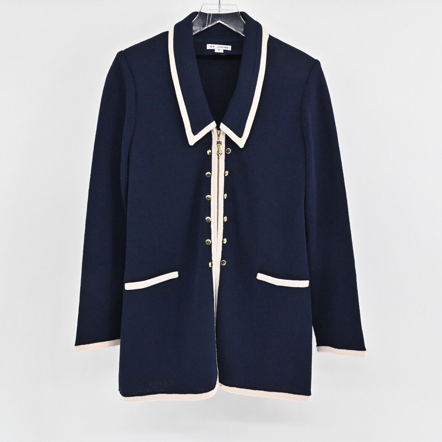 Vtg ST JOHN Skirt Suit Size 8/10 Navy Blue Santana Knit Full Zip Jacket Dog Show