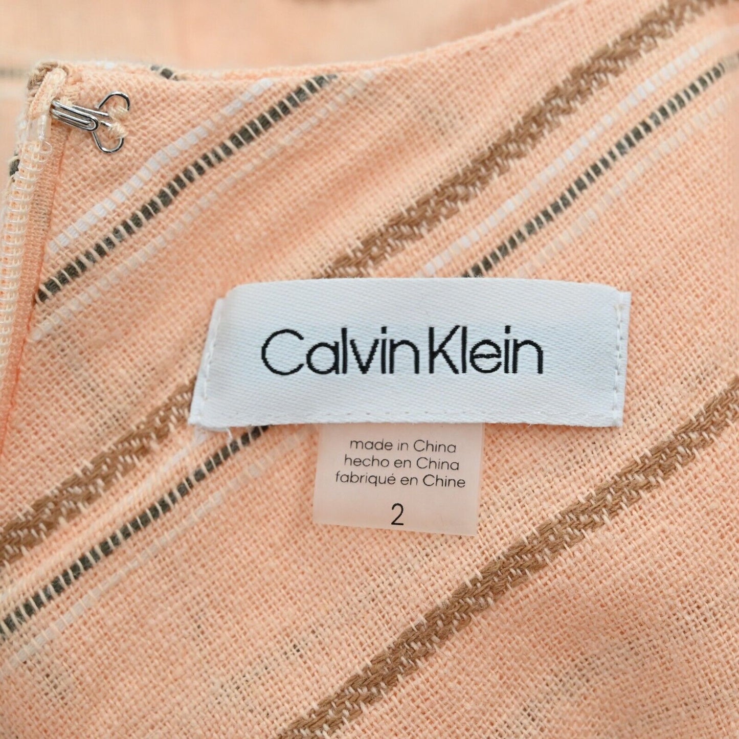 CALVIN KLEIN Dress Sz 2 Orange Linen Cotton Striped Belted Maxi V Neck Vacation