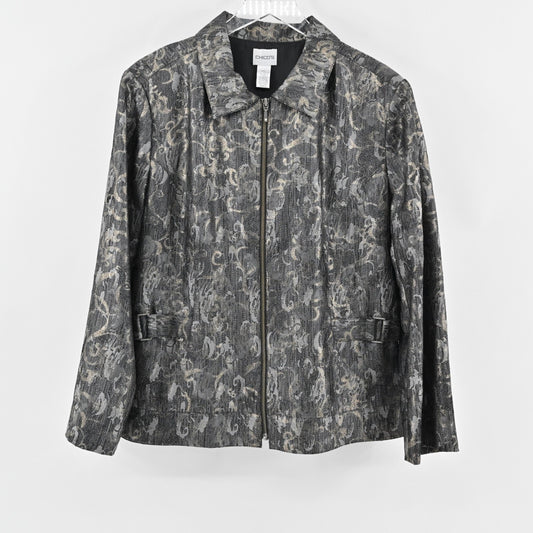 CHICOS Jacket Womens Size XL Barrett Shimmering Scroll Dark Gray Gold Zip Front