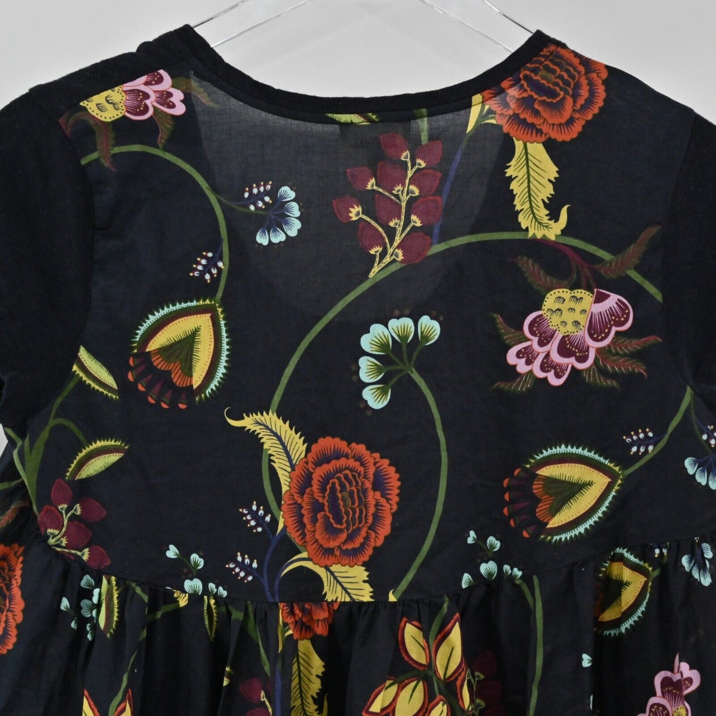 ANTHROPOLOGIE Top Womens Sz S Deletta Silver Fern Floral Navy High Low Peplum