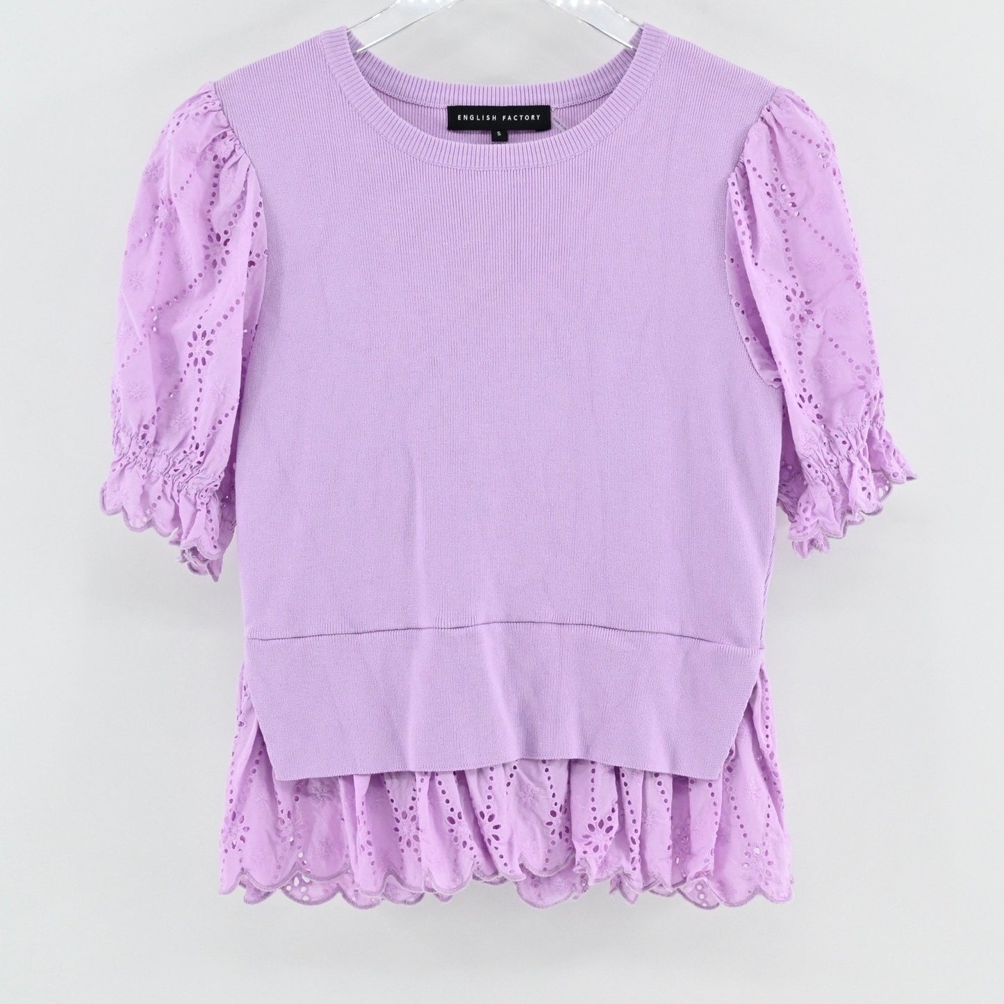 English Factory Womens Eyelet Mixed Media Knit Top Size S Lilac Puff Sleeve