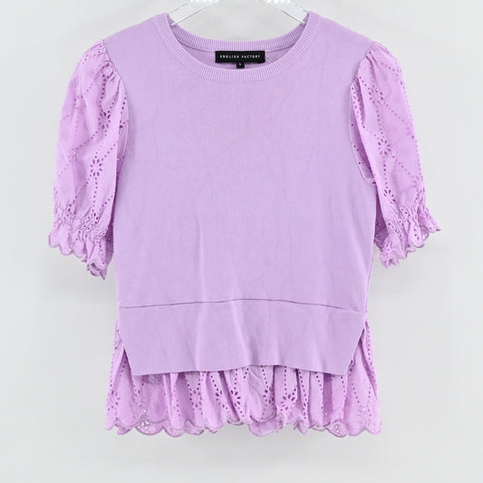 English Factory Womens Eyelet Mixed Media Knit Top Size S Lilac Puff Sleeve