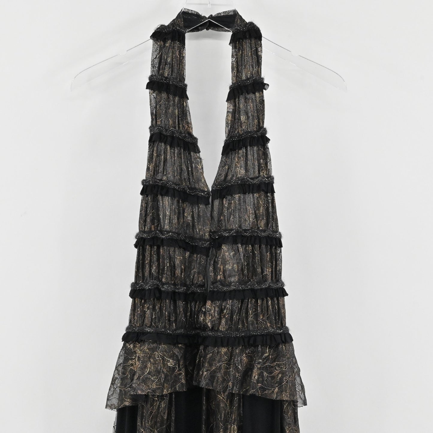 Carella Whimsigoth Gown Sz 8 Metallic Lace Grunge Halter Peplum Sleeveless Dress