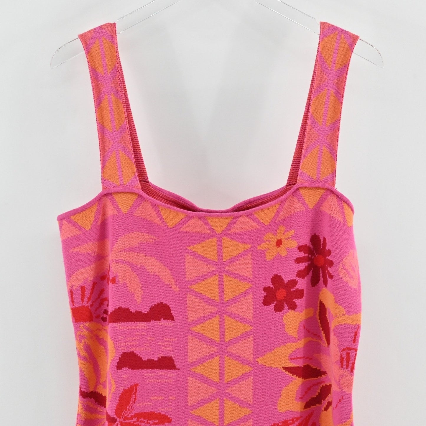 Farm Rio Square Neck Sweater Dress Size XL Sleeveless Midi Pink Tropical Floral