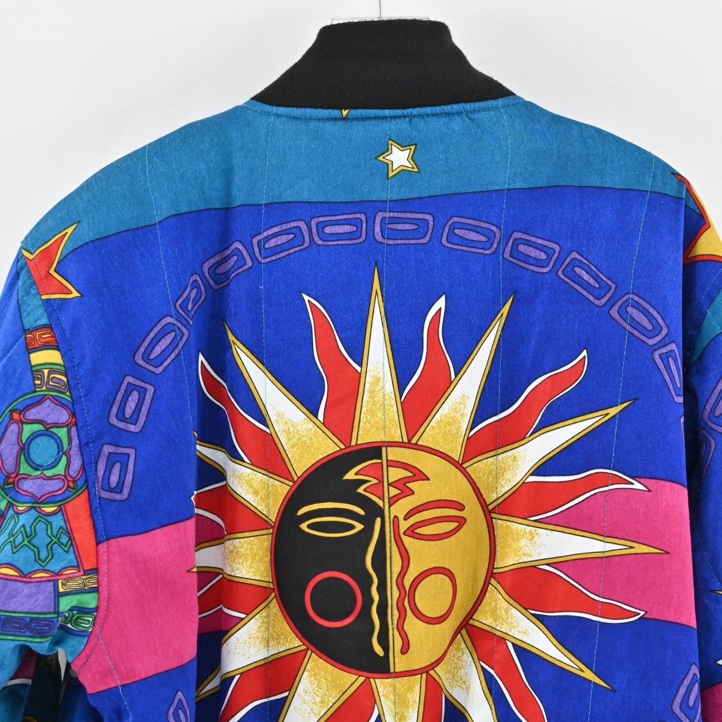 Vtg Bomber Jacket Womens Size L Dopamine Maximalist Sun Star Print Janeve Boho