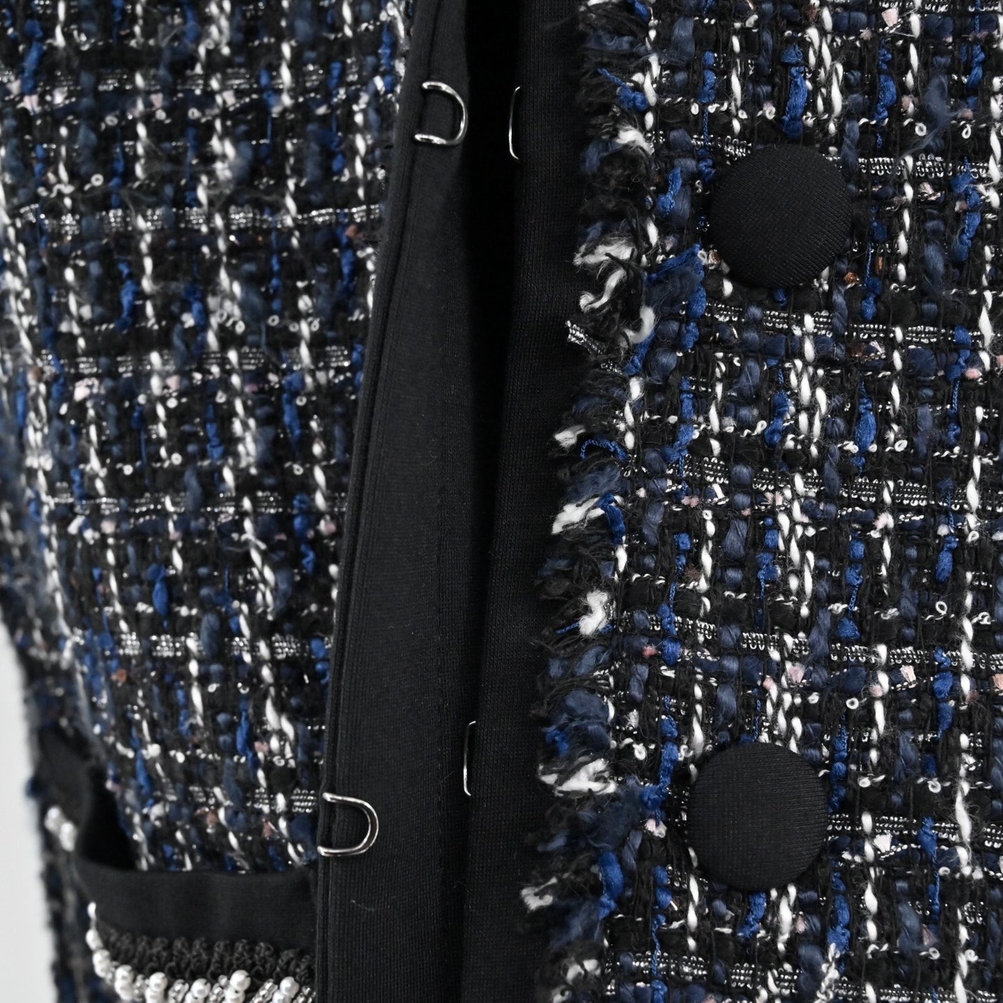 WHBM Blazer Womens Size S Tweed Navy Black Beaded Pearl Jacket Retro Glam Office