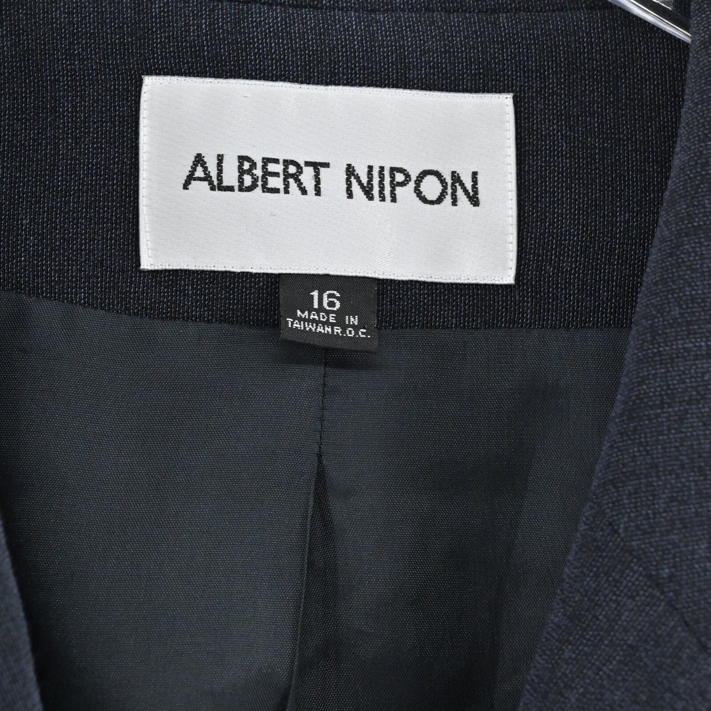 Vtg ALBERT NIPON Skirt Suit Set Womens Size 16 Blazer Pencil Navy White Piping