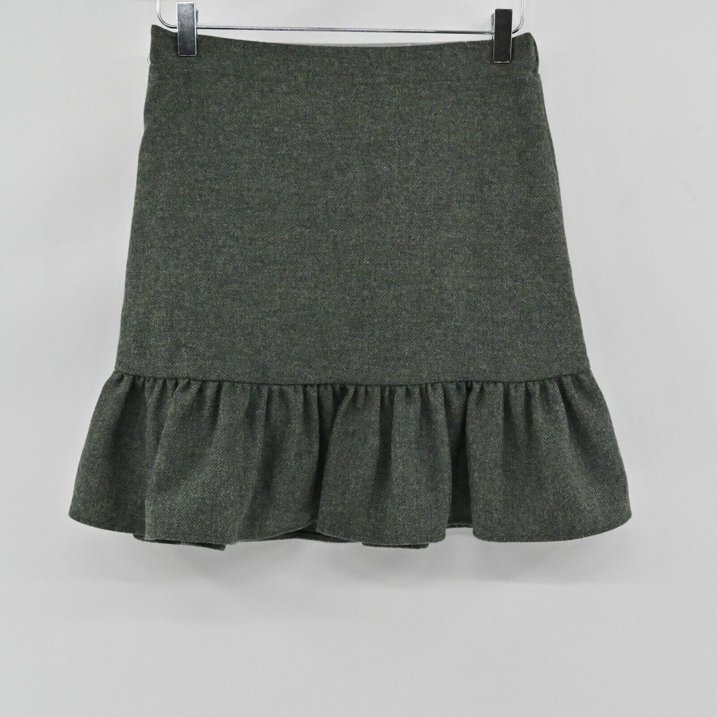 ANN MASHBURN Skirt Womens Size S Wool Ruffle Green Black Herringbone Mini