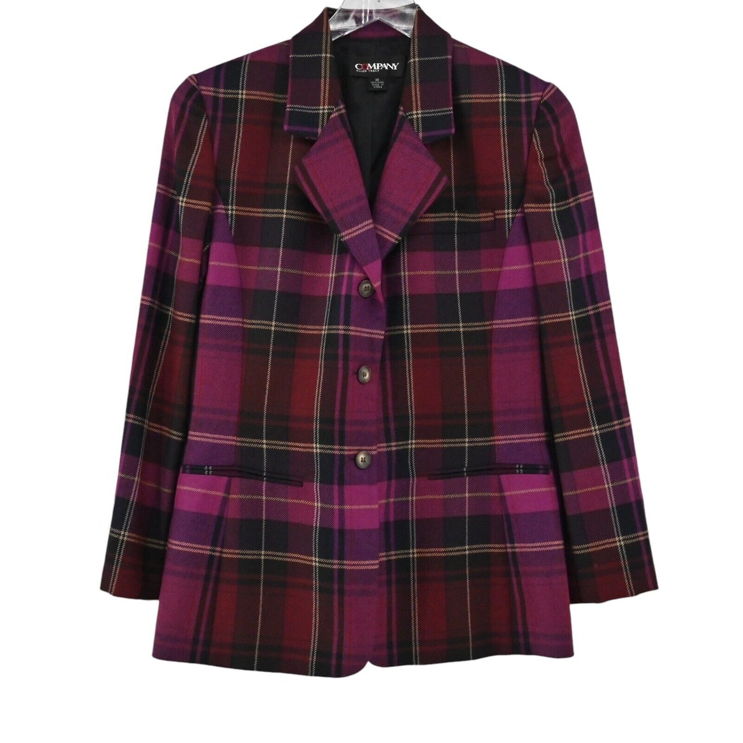 Vtg ELLEN TRACY Blazer Womens Size 10 Purple Plaid 100% Wool Single Breasted 90s
