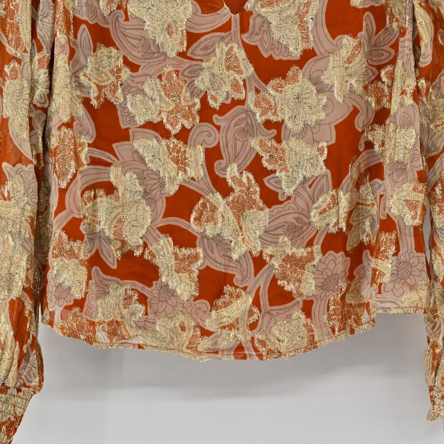 BODEN Top Womens Sz 6 VNeck Jacquard Blouse Rust Whirl Floral Print Long Sleeve