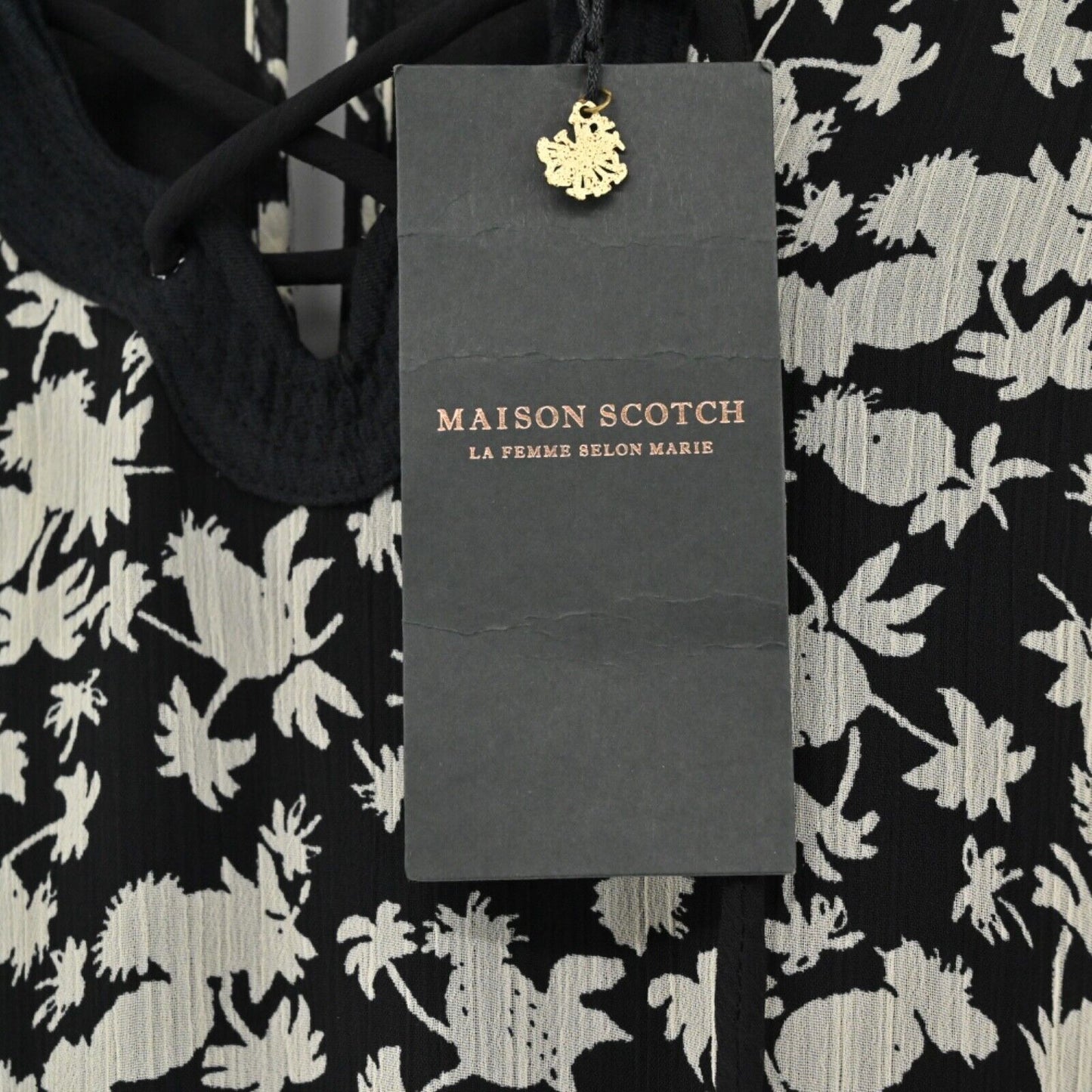 MAISON SCOTCH Dress Womens Size 4 Floral Mini Black Tropical Print Smocked NEW