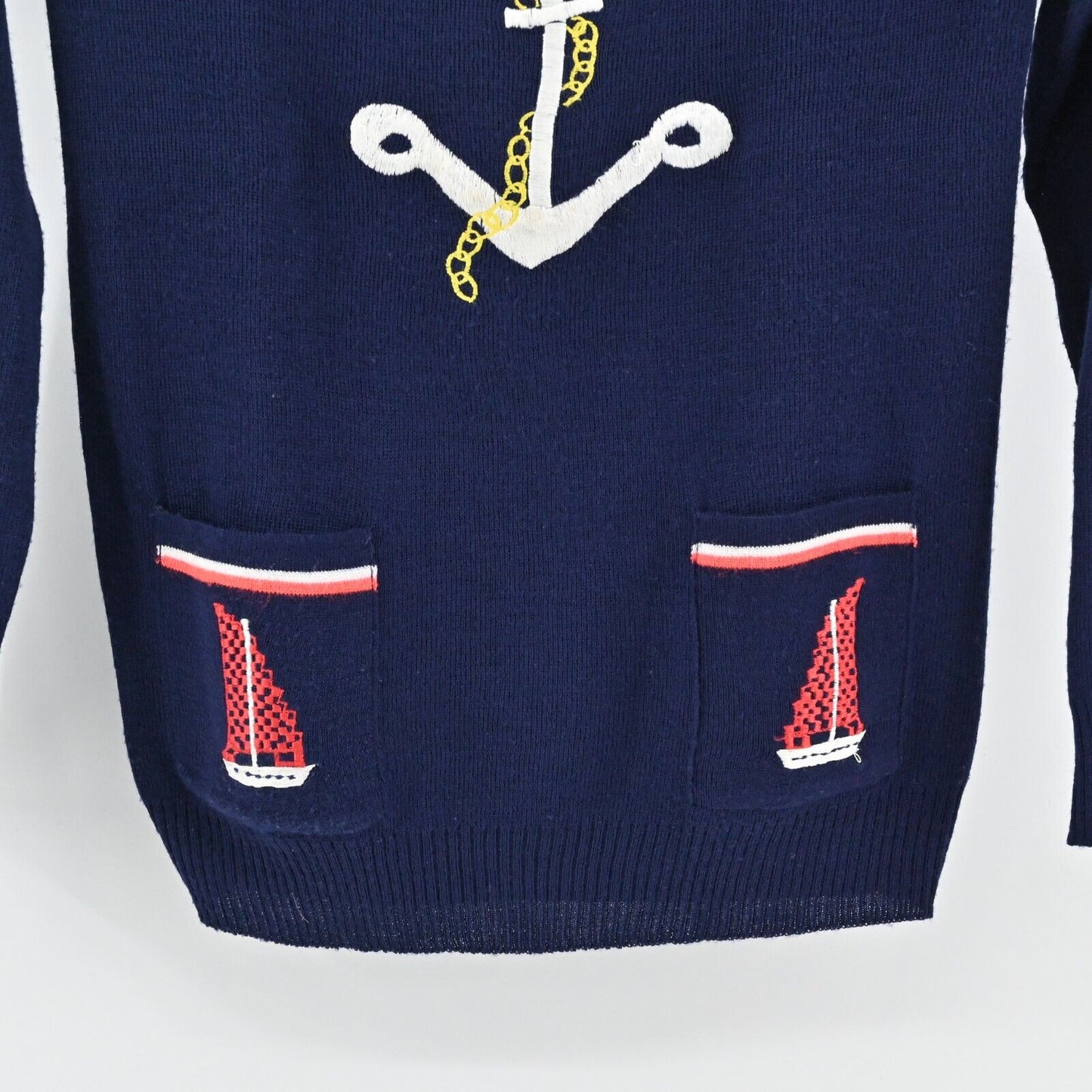 True Vintage Sweater Womens Sz M Navy Red Anchor Nautical Sailor Sailboat 1960s