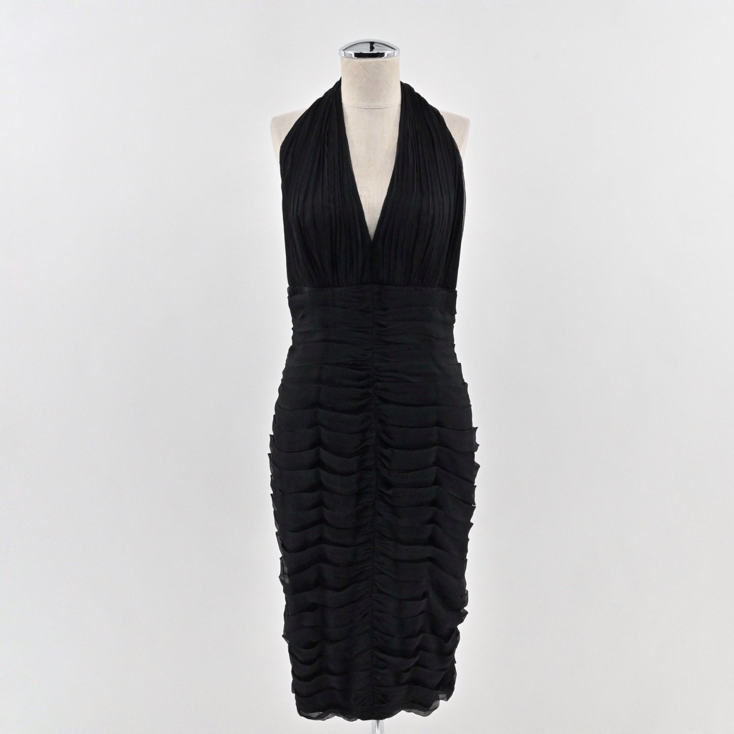 Vtg Y2k Tadashi Bodycon Cocktail Halter Dress Size 10 Black Silk Ruched LBD 90s