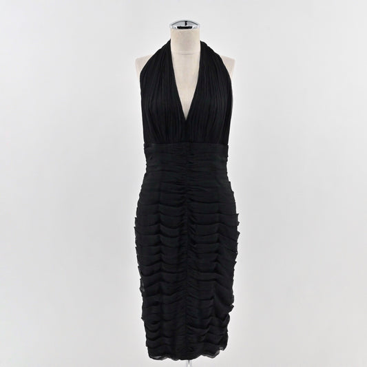 Vtg Y2k Tadashi Bodycon Cocktail Halter Dress Size 10 Black Silk Ruched LBD 90s