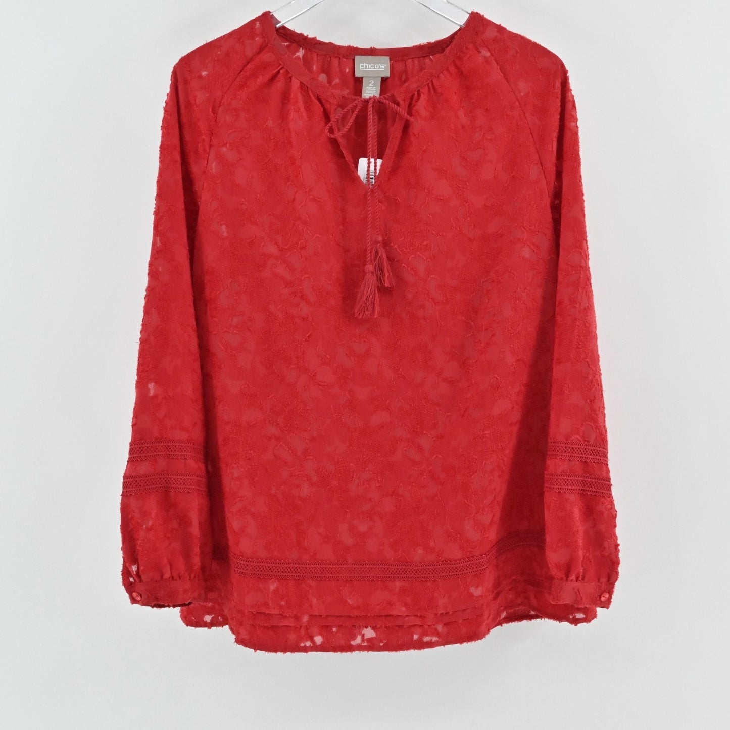 Chicos Clipped Jacquard Tie Front Top Size L Razzie Red Popover Balloon Sleeve