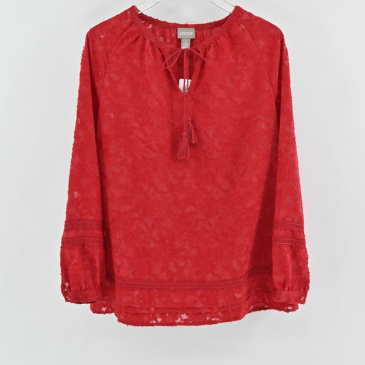 Chicos Clipped Jacquard Tie Front Top Size L Razzie Red Popover Balloon Sleeve