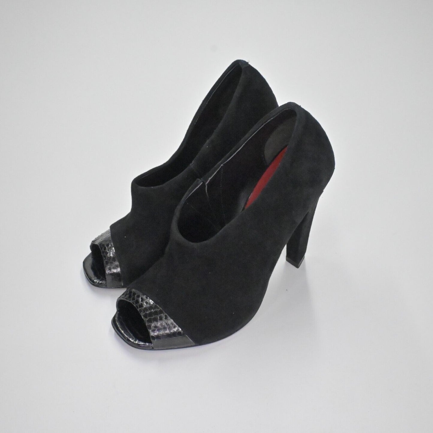 Vtg CHARLES JOURDAN Heels Womens Size 8 Black Suede Snakeskin Embossed Peep Toe