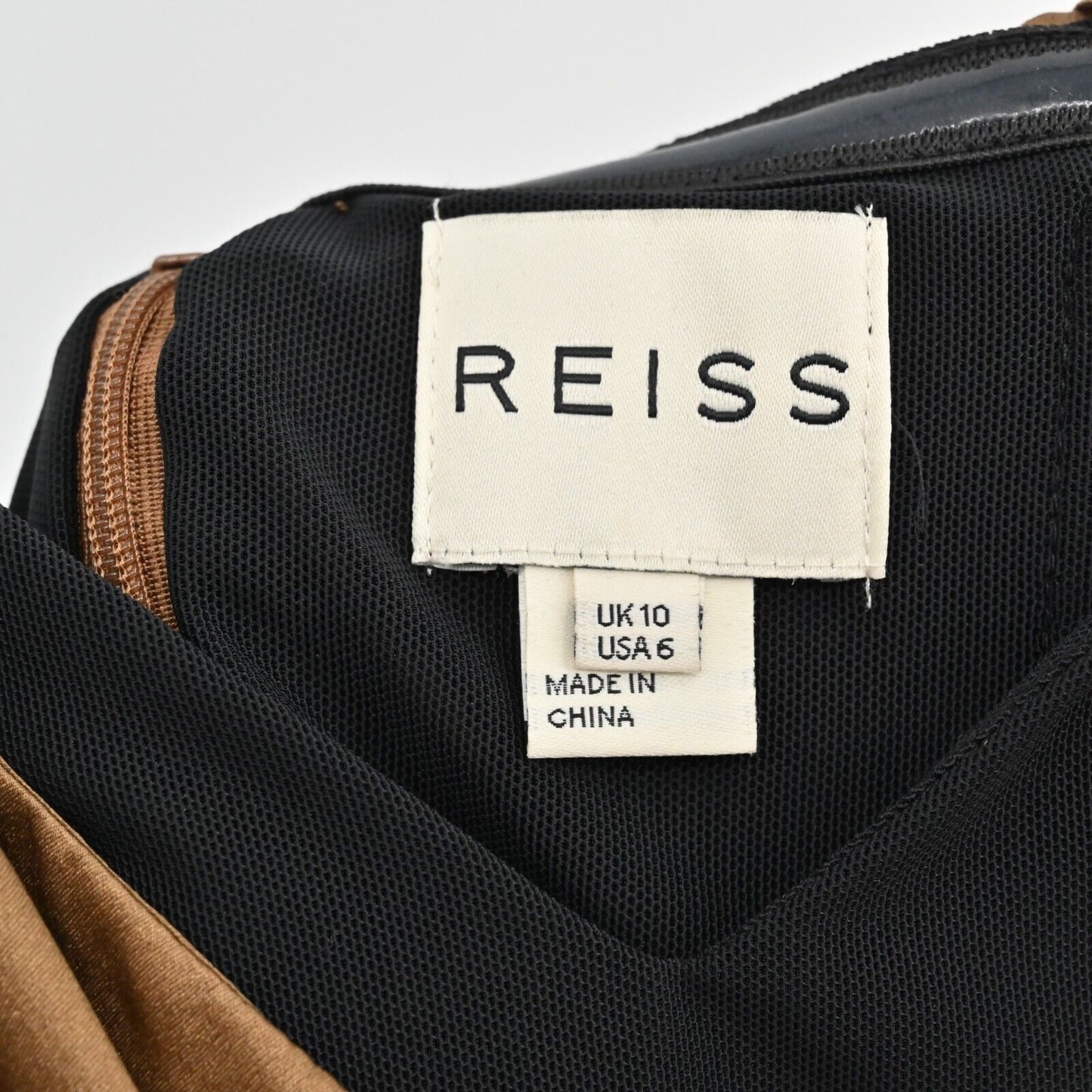 REISS Bronze Silk Dress Sz 6 Gold Strapless Bustier Twist Front Mini Party Retro