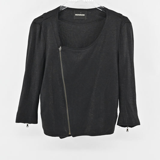 MONROW Jacket Womens Size M Black Linen Moto Asymmetrical Zip Front Rocker Chic