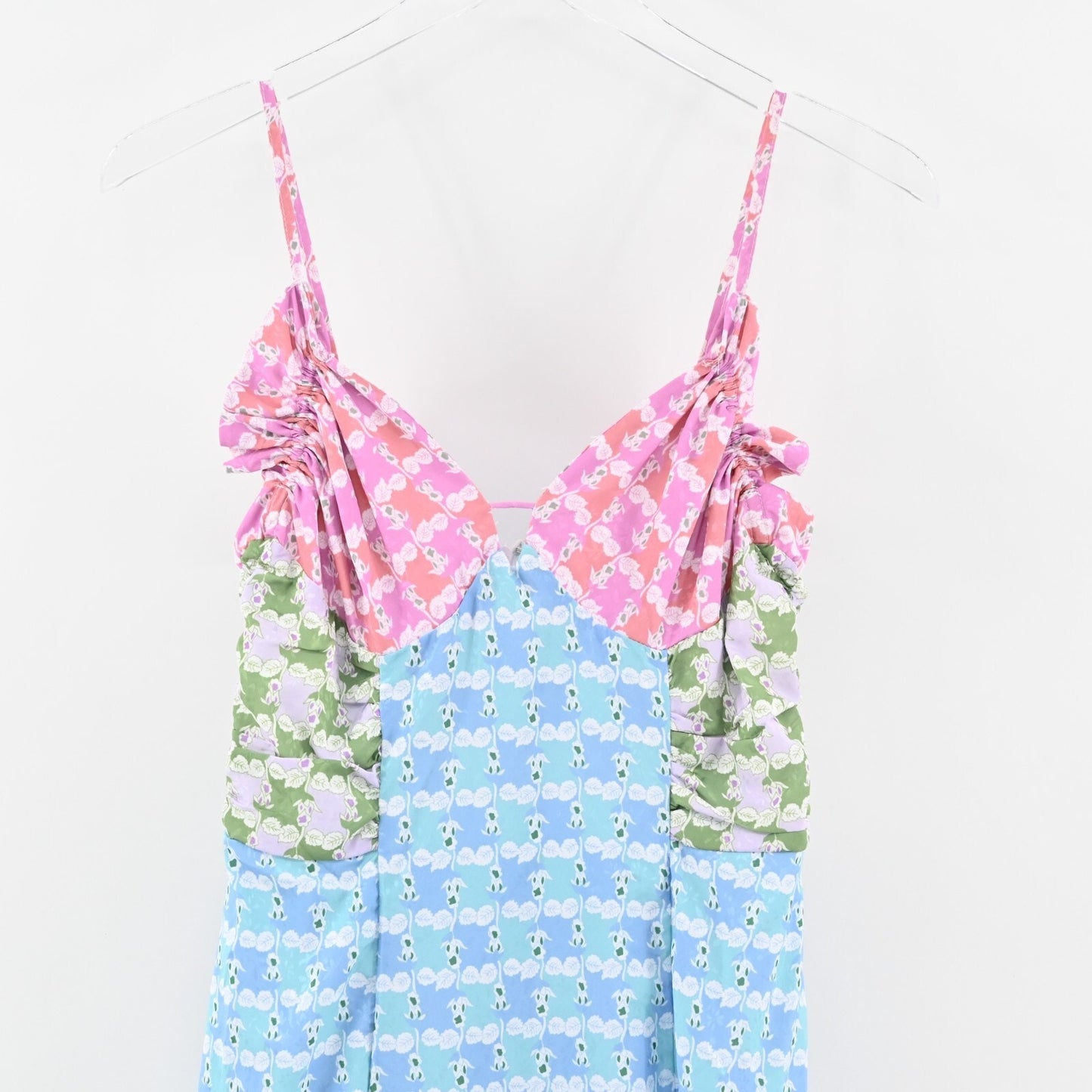 ENGLISH FACTORY Dress Sz S Pastels Floral Print Satin Sleeveless Midi Blue Pink