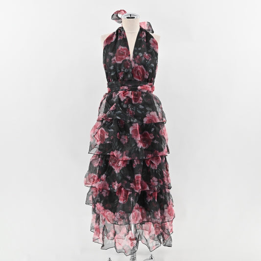 RIHOAS Dress Size S VNeck Floral Print Tiered Layered Halter Midi Black Pink NEW