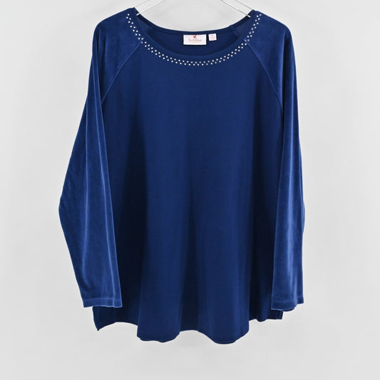 Quacker Factory Womens Velvet Sleeve Rhinestone Top Sz 3X Navy Blue Long Sleeve