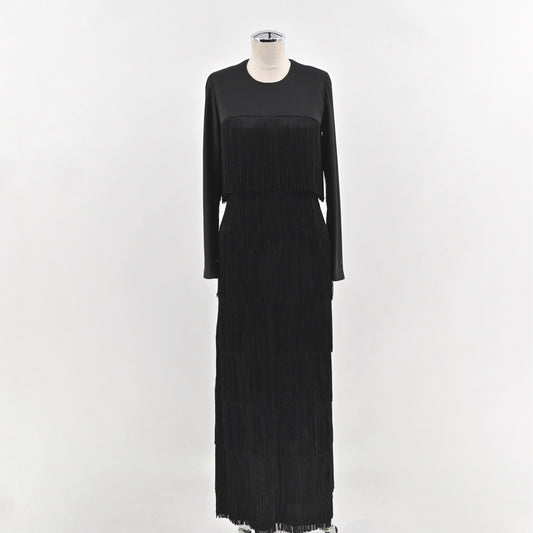 Black Whimsigoth Maxi Dress Size M Flapper Fringe Tiered Overlay Boho Retro Vamp