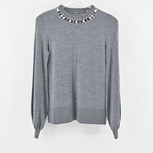 ELIE TAHARI Sweater Womens Sz XS Shahar Grey Melange Merino Wool Beaded Neck NEW