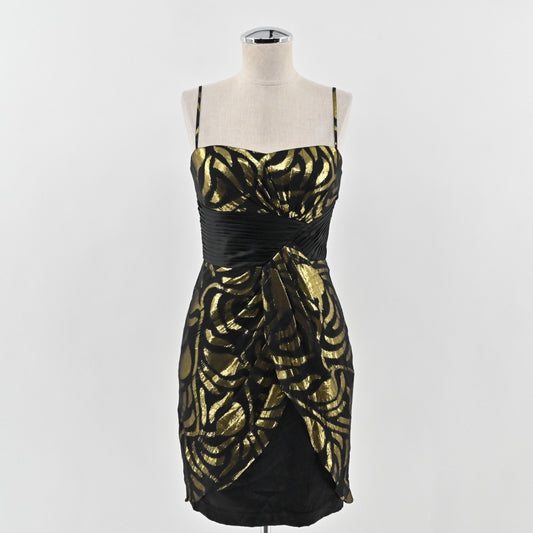 Vtg Y2k Aidan Mattox Silk Metallic Dress Size 2 Gold Black Print Mini Sleeveless