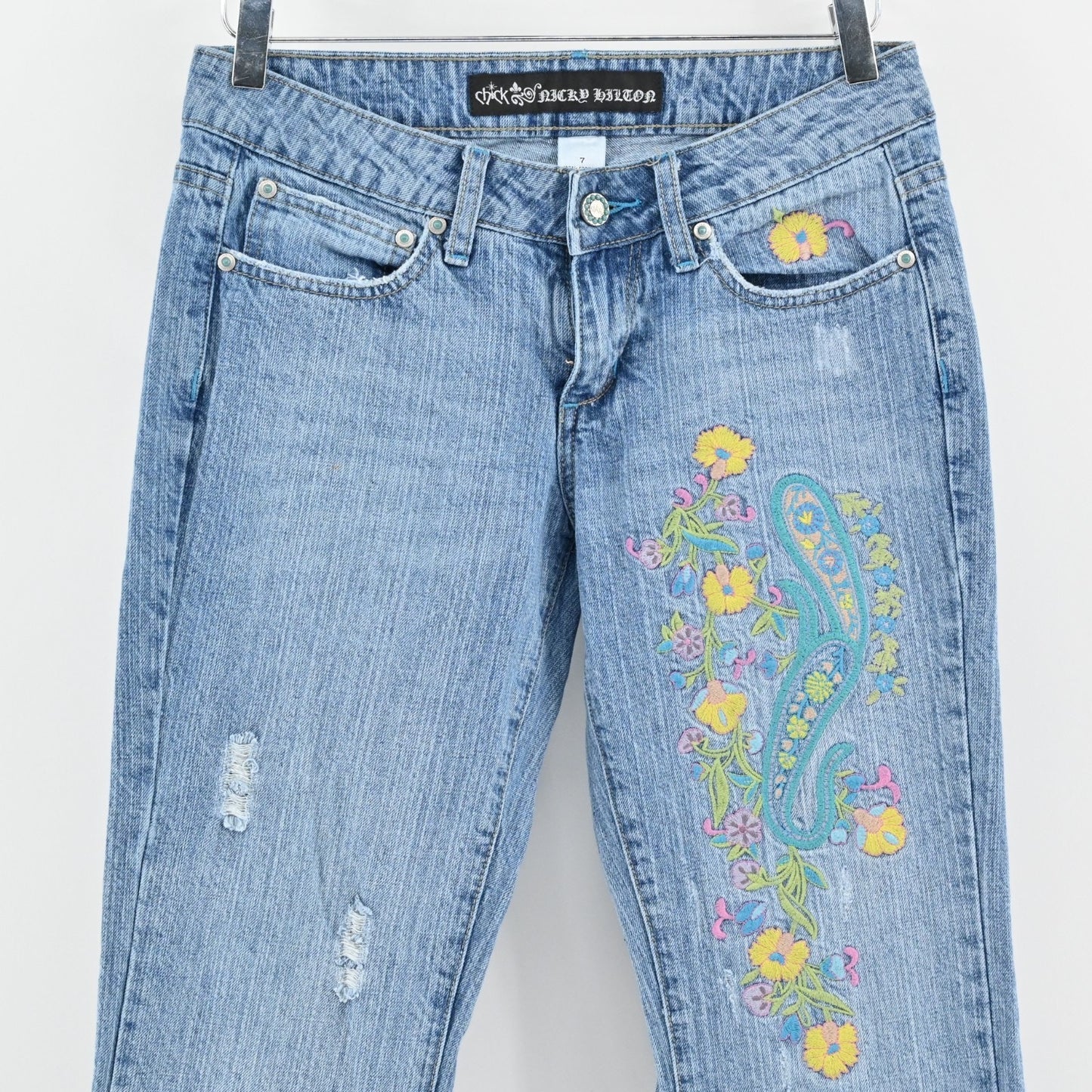 Vtg Y2k Floral Embroidered Jeans Sz 7 Low Rise Flare Distressed Paisley Festival