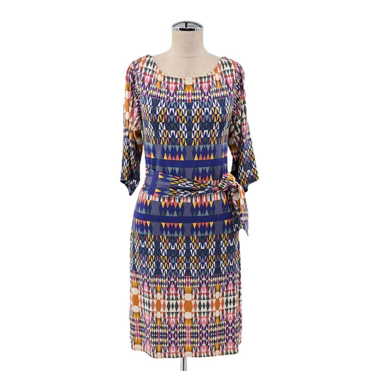 LEOTA Dress Womens Size XS Geometric Print Belted Scoop Neck 3/4 Sleeve Boho USA