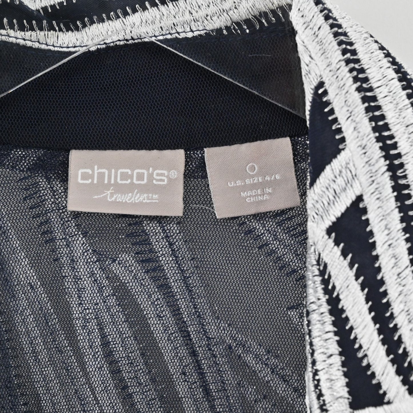 Chicos Womens Travelers Open Front Jacket Size S Navy Silver Embroidered Print