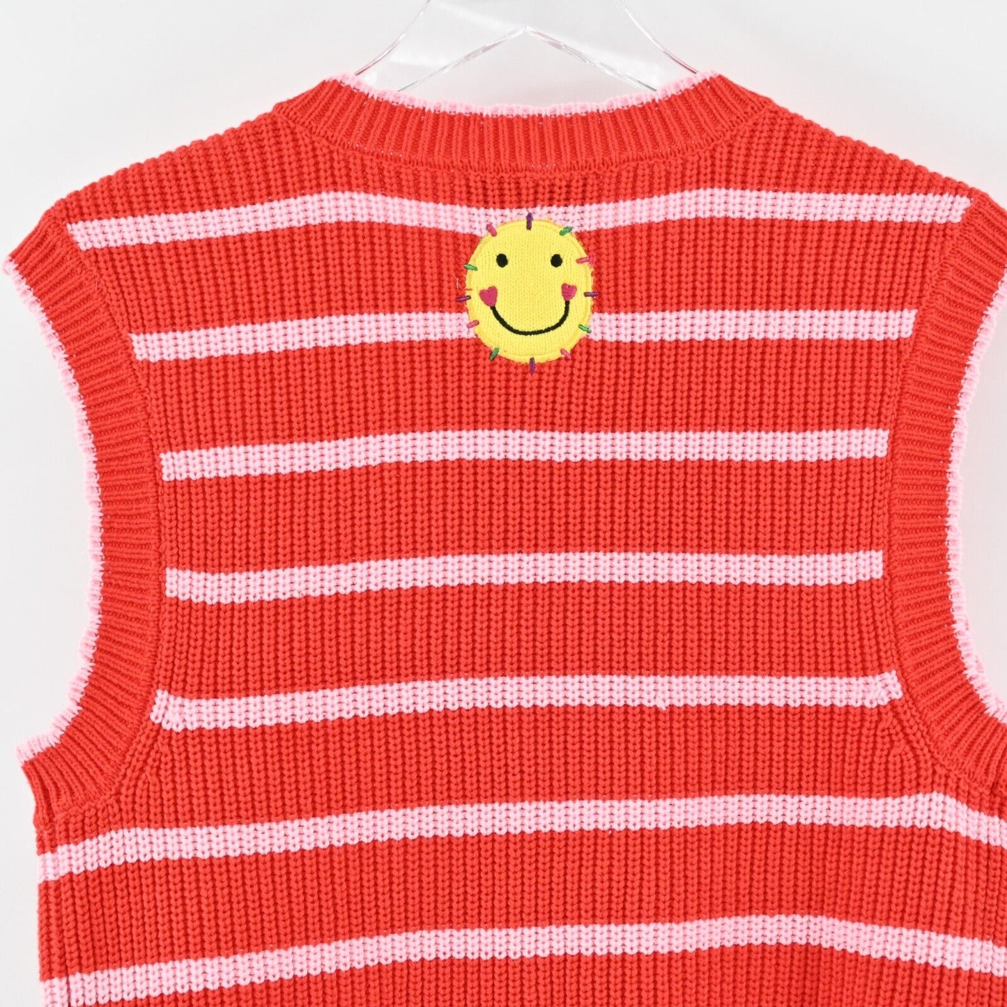 KERRI ROSENTHAL Sweater Vest Womens Siz M Red Pink Striped Heart Smiley Face NEW