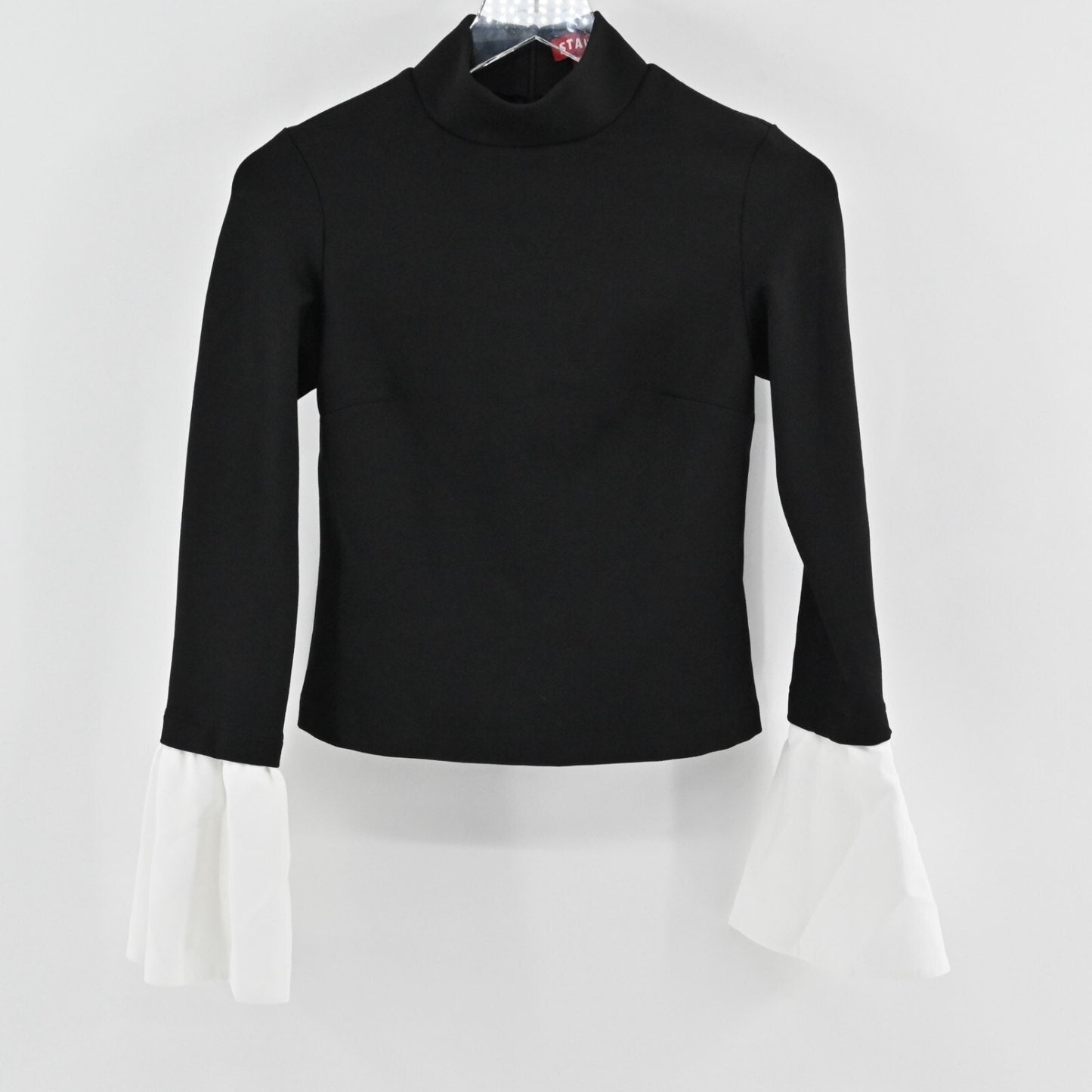 STAUD Womens Lavop Bell Sleeve Top Sz XS Crepe Trimmed Stretch Ponte Turtleneck