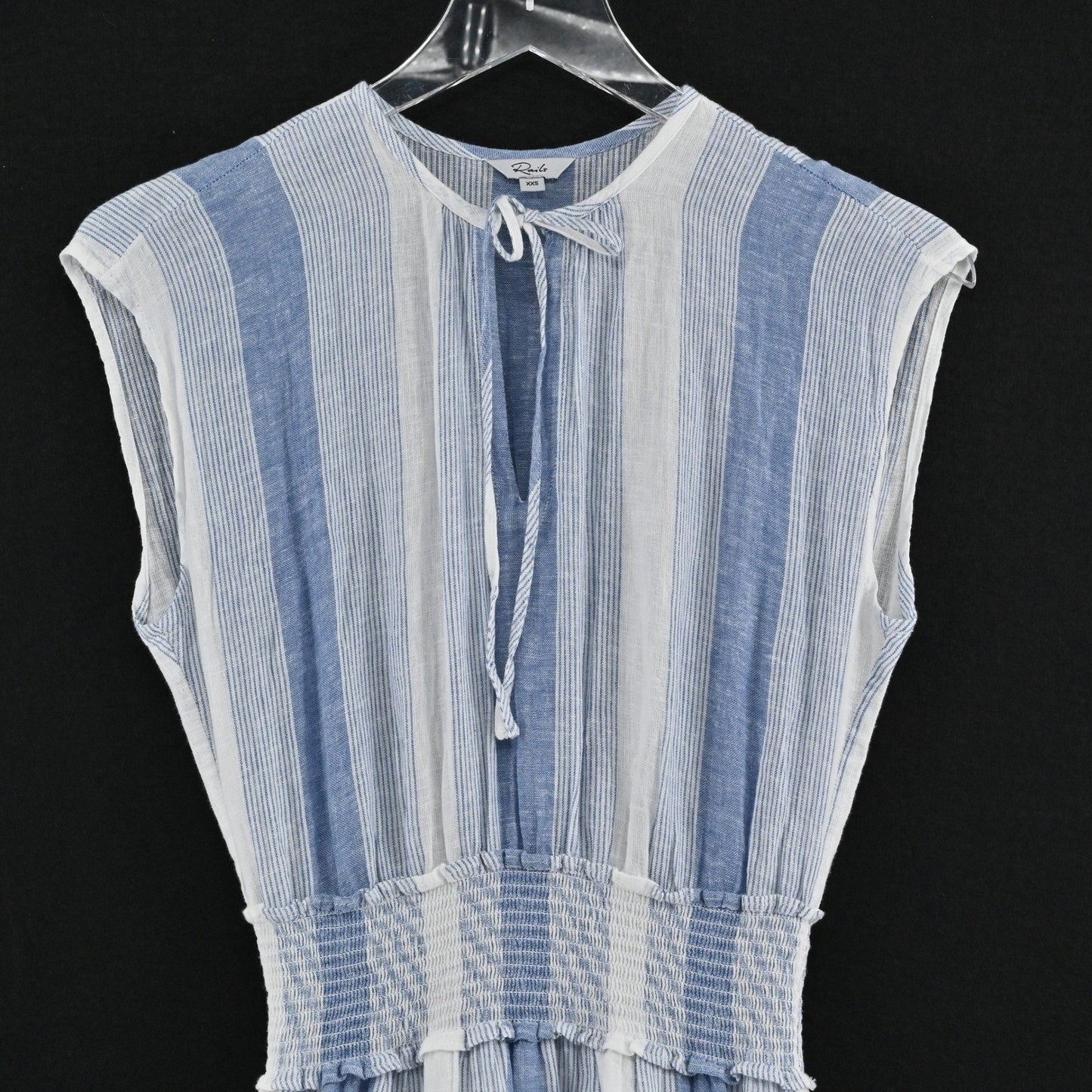 Rails Ashlyn Nevis Stripe Dress Size XXS Linen Blend Tie Neck Sleeveless Midi
