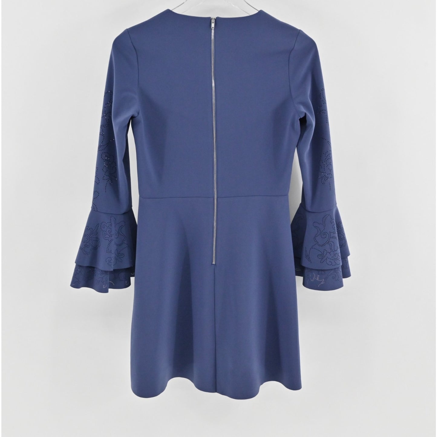 Parker Orlando Blue Dress Size 4 Perforated Detail Bell Sleeve ALine Mini