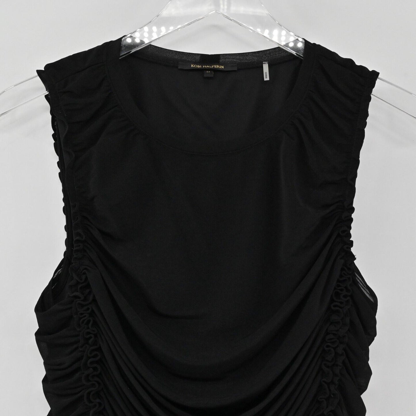 KOBI HALPERIN Top Womens Size M Sariyah Shirred Sleeveless Black Stretch Ruffled