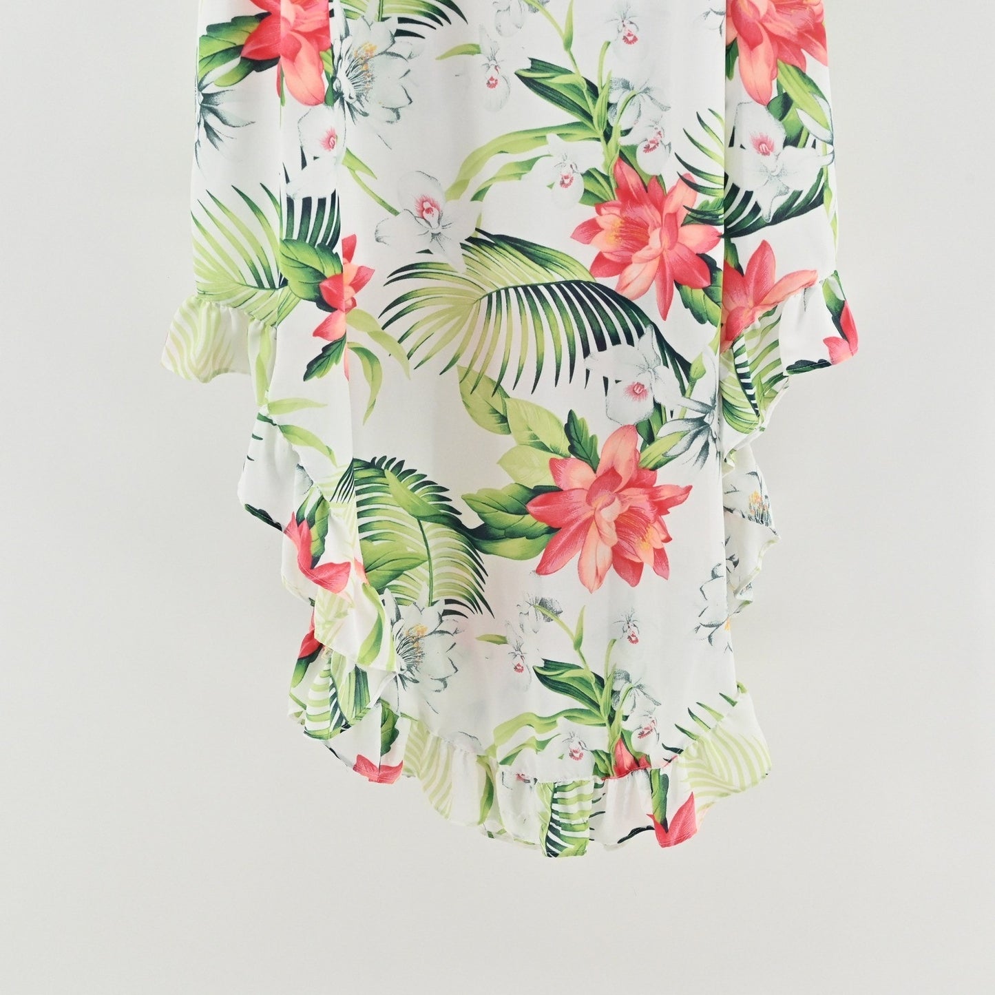 Tommy Bahama Maxi Dress L White Floral Tropical Ruffle High Low Vibrant Vacation