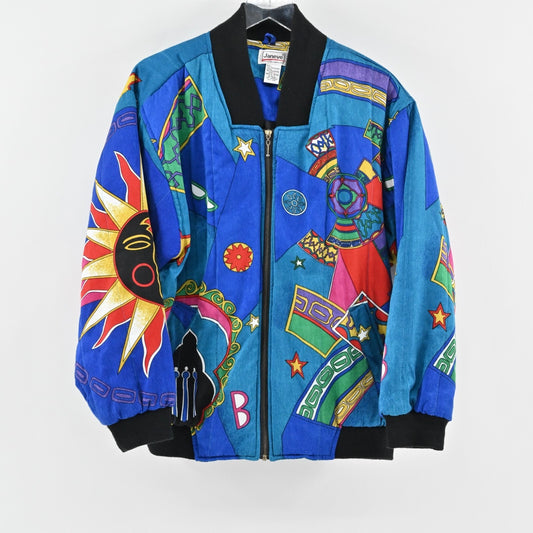Vtg Bomber Jacket Womens Size L Dopamine Maximalist Sun Star Print Janeve Boho